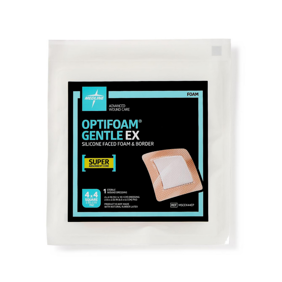Medline Optifoam Gentle EX Silicone-Faced Foam Wound Dressings, 4x4 in, feature a superabsorbent core and advanced wound care details on a black and teal label with product image.